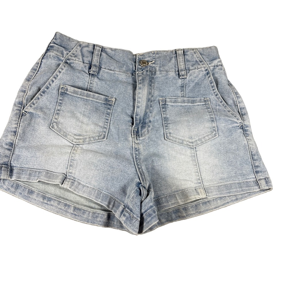 Madden NYC Women Light Wash Denim Shorts High Waisted Patch Pocket Blue Size XS